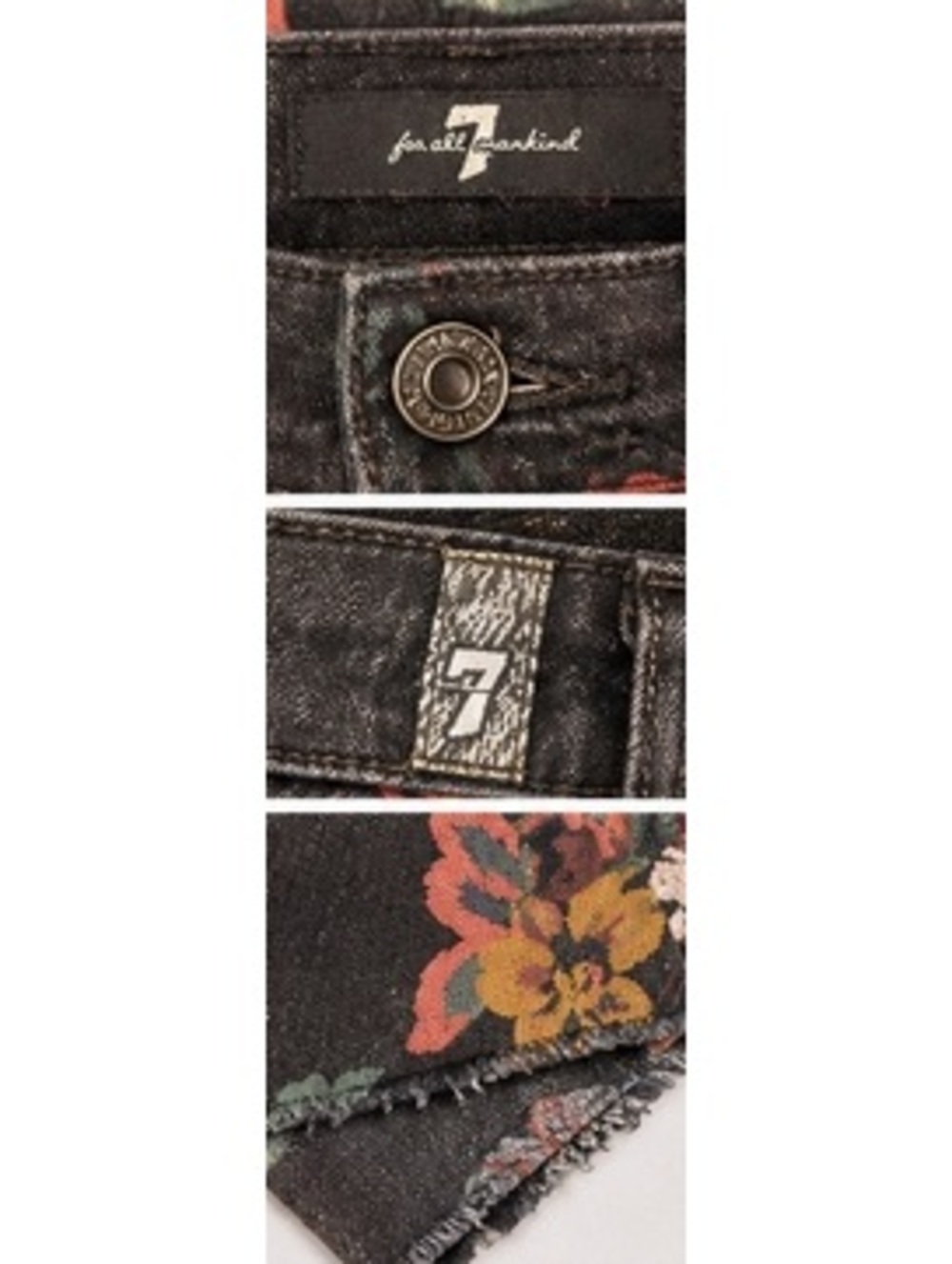 7 For All Mankind Floral Skinny Jeans 25 Black Raw Hem Boho - Picture 3 of 6